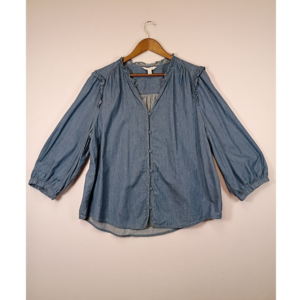 Cottagecore LC Lauren Conrad Womens XXL Blue Ruffle Trim Denim Chambray Blouse